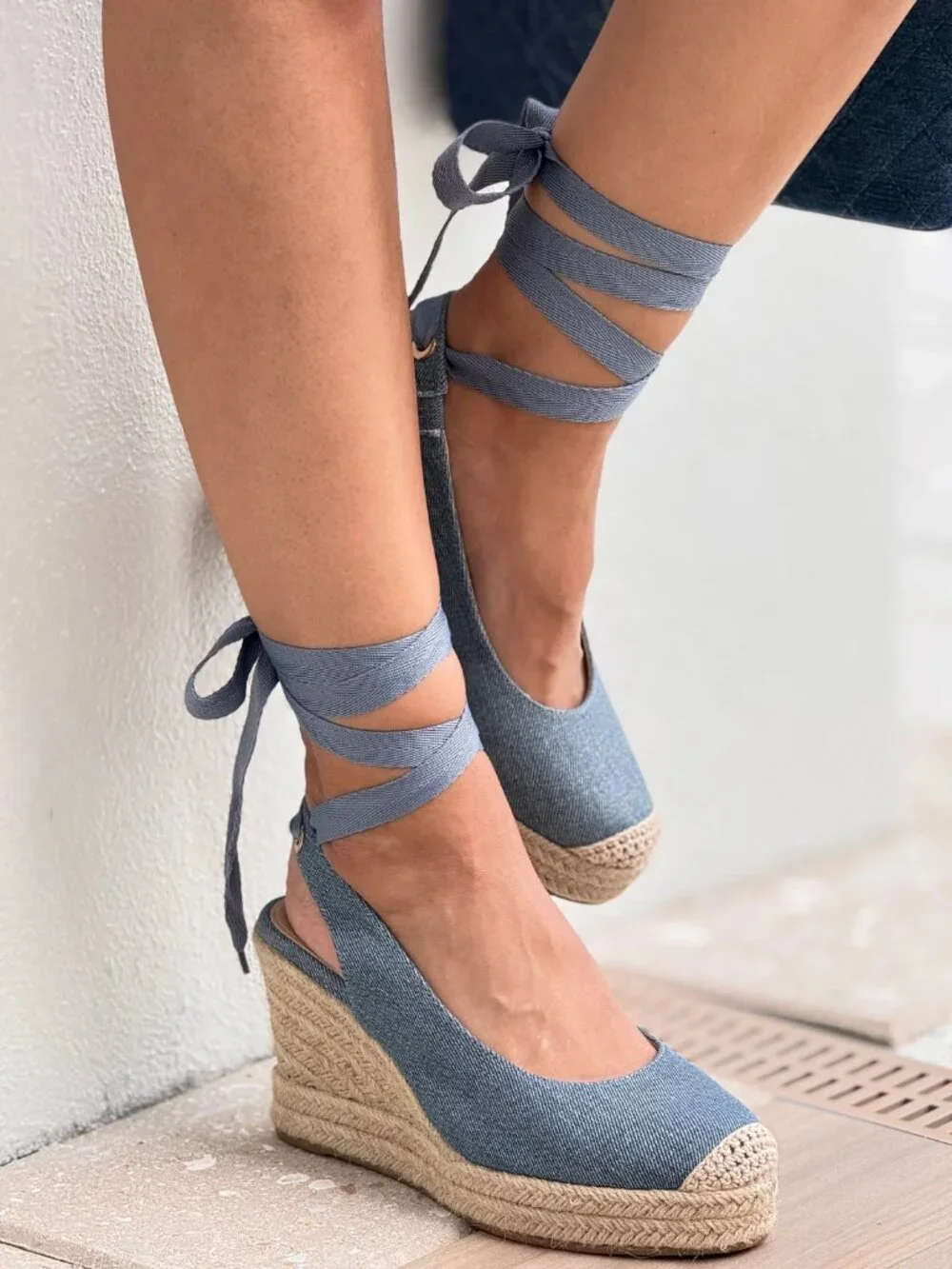 New Blue Denim Lace-Up Espadrille Raffia Sandals Platform Wedge Heel Slingback